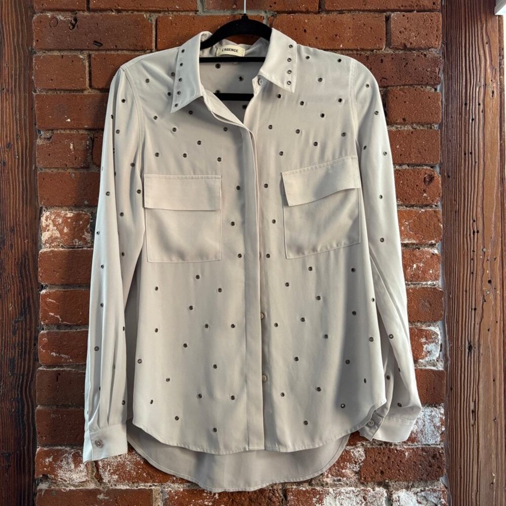L'AGENCE Bruno Gray Button Front Grommets Patch Pockets Shirt Size S
